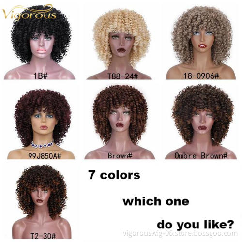 Vigorous Afro Kinky Curly Wigs with Bangs Short Fiber Black Curly Heat Resistant Synthetic hair Wigs for Black Women